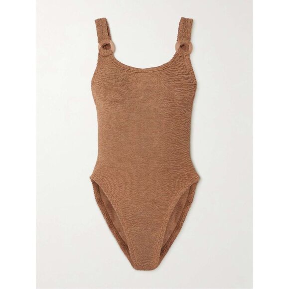 Hunza G Women Brown Domino Embellished Metallic One Piece Swimsuit One Size NWOT - Picture 1 of 10